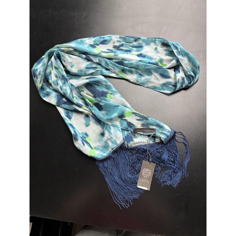 Vince Camuto Scarf Womens One Size Blue‎ Floral Chiffon Rectangle Tassel Fringe